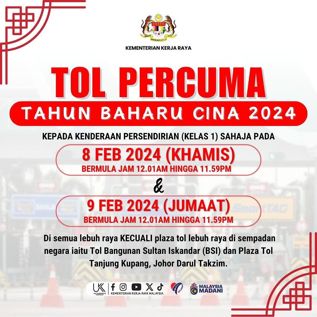 Tol percuma sempena Tahun Baharu Cina